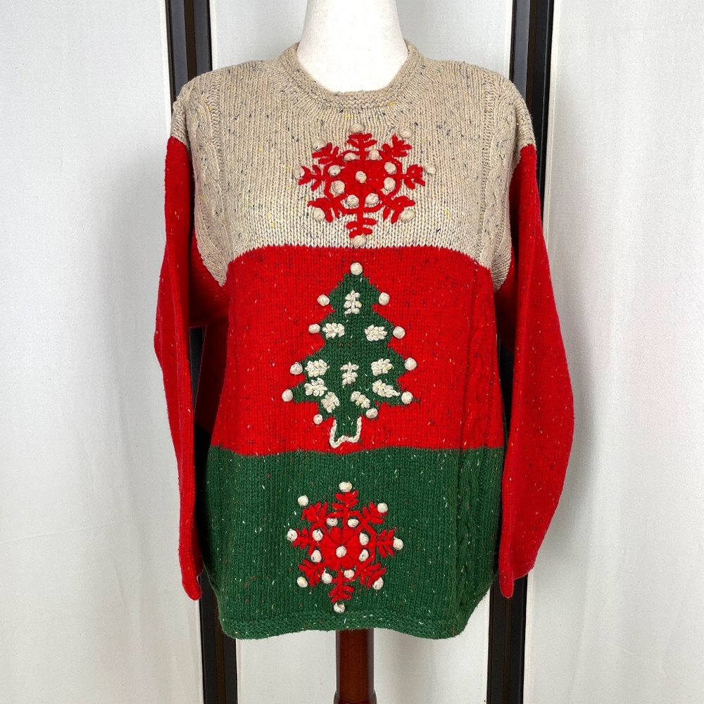 Elisabeth Hand Knit Vintage Christmas in July Sweater Red Green Tan Size 1X